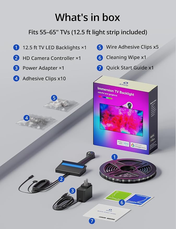 Ailofy TV Backlight with Camera for 55-65" TVs, 12.5ft LED Strip Lights, Real-Time Full-Screen Sync for Movies, Gaming & Music, Smart Bias Lighting, Works with Alexa & Google Assistant, App Control - Image 9