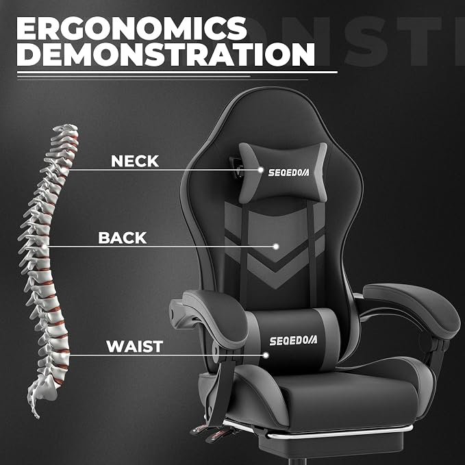 Gaming Chair with Footrest & Massage Lumbar Support, PU Leather Ergonomic High Back Swivel Height Adjustable Chair for Adults, Office Gaming, 300 lbs (Black Grey) - Image 7