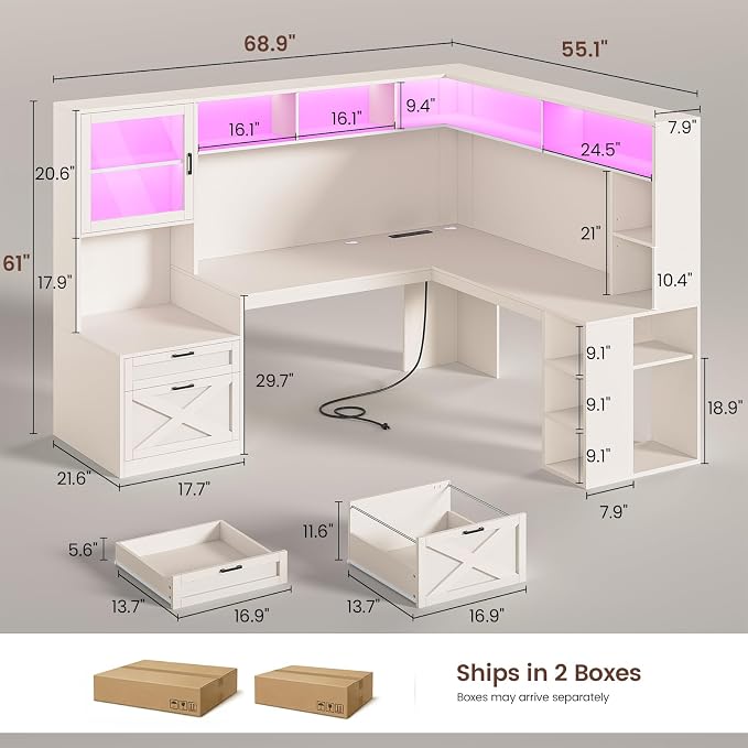 SEDETA Farmhouse L Shaped Office Desk with Double Hutch, Storage Drawers - Image 2