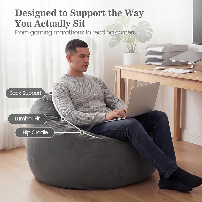 ACH Bean Bag Chair for Adults and Teens - 3ft Memory Foam Floor Chair, Perfect for Dorms, Gaming & Relaxing, Machine Washable Velvet Cover (Grey-Medium) - Image 6
