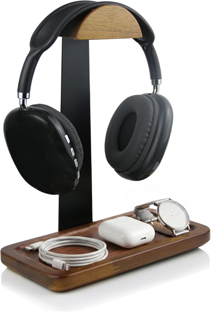Gift for Men Headphone Stand with Storage Base, Stylish Headset Holder Gamer Gifts for Gaming & Desk to Keep Accessories Organized, Unique Gifts for Teenage Boy Brother on Birthday (Brown Wood) by Unknown