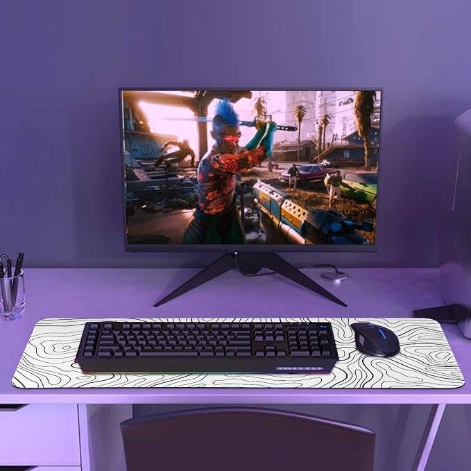 Gaming Mouse Pad Large 31.5 x 11.8in Topographic Keyboard Pad Mouse Pad for Non-Slip Base and Stitched Edge, Extended Desk Pad XL Keyboard Desk Mat (White) - Image 2