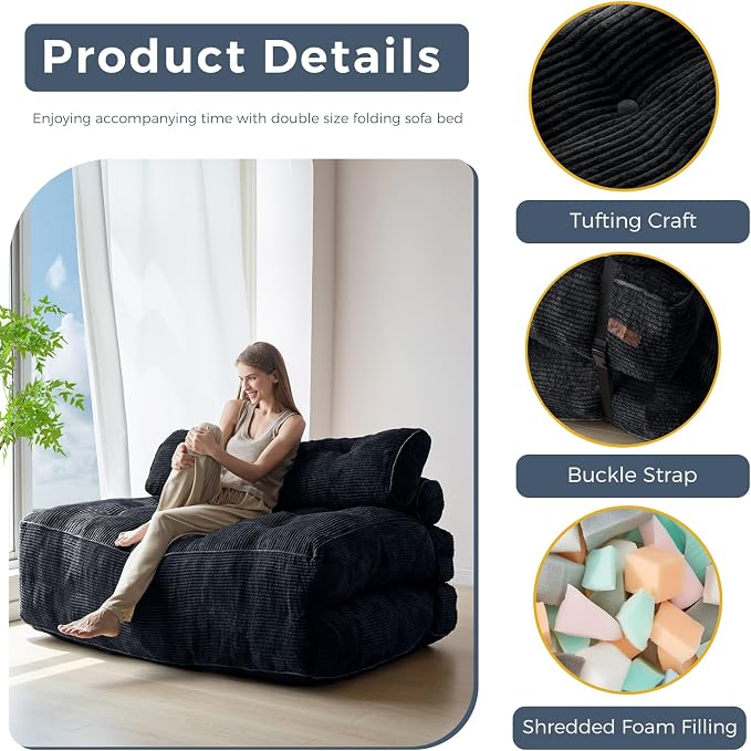 MAXYOYO Folding Sofa Bed, Convertible Chair Bed with Pillow | Foldable Couch with Back Support, Portable Fold Out Chair Comfy Floor Sofa for Living Room Bedroom, Black, Double - Image 5