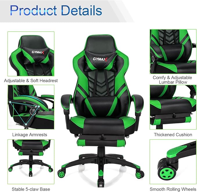 GYMAX Gaming Chair, Ergonomic Computer Chair with Footrest, Linkage Armrests & Lumbar Cushion, Big Wide High Back Video Gaming Chair, Reclining Office Rolling Chair for Adult/Teens (Green) - Image 4