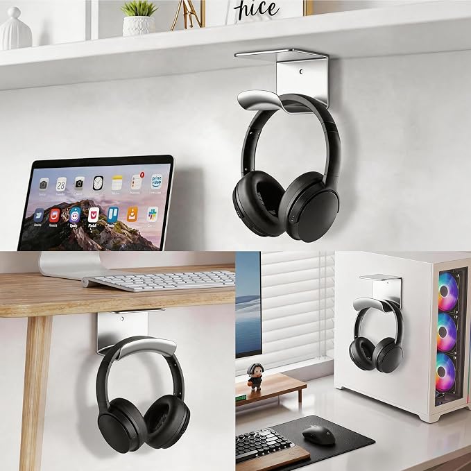 Headphone Holder, Aluminum Headset Hanger with Adhesive Mount | Space Saving Headphone Stand for Gaming Desk, Computer, Office Setup, Silver - Image 4