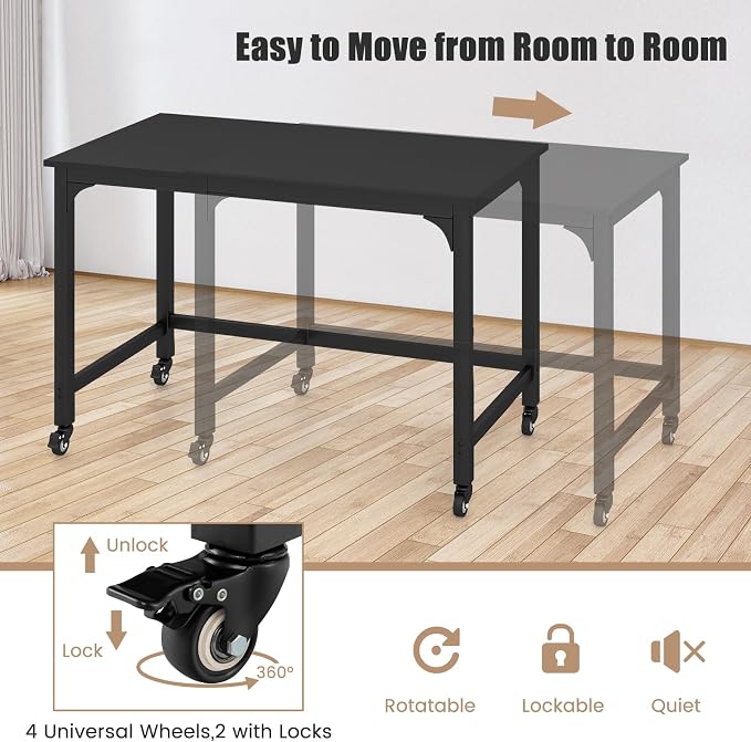 COSTWAY 48” Mobile Computer Desk, Home Office Desk on Wheels, Simple Study Writing Table with 4 Lockable Wheels, Metal Frame, Rolling Laptop PC Table for Small Space (Black) - Image 6