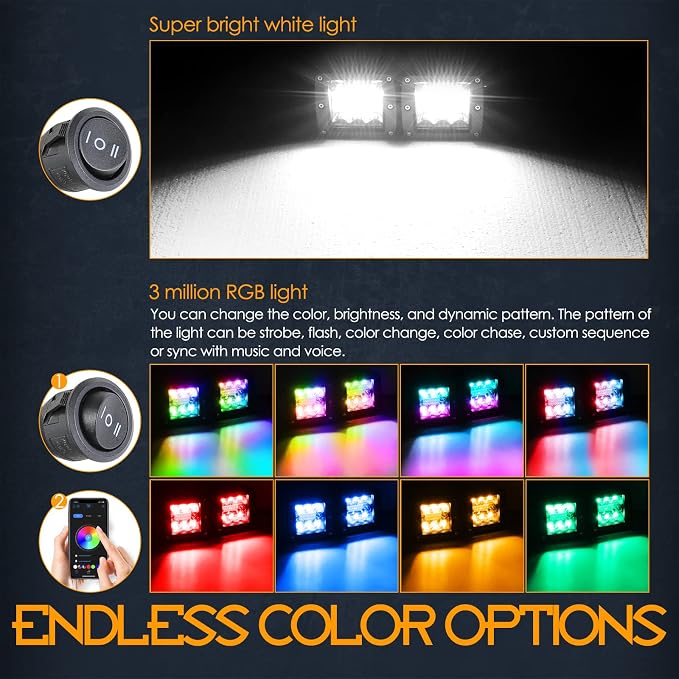 RGB LED Pods, Nirider 2PCS 3 Inch LED Light Bar with Wiring Harness LED Cube Lights Multicolor Bluetooth Color Changing Strobe Halo Offroad Driving RGB Fog Lights for Car ATV UTV RZR Truck - Image 3