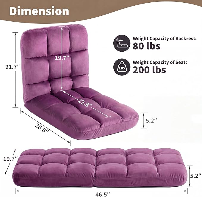 Garvee Folding Floor Chair with Back Support, Cozy Video Gaming Chairs | Adjustable Position, Metal Support Floor Lounger Foldable Lazy Sofa Bed Meditation Chair Foldable Ground Chair for Adult/Kids - Image 2