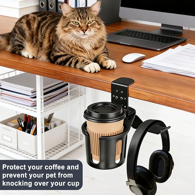 Desk Cup Holder Clamp 2 in 1 Clip On Table Cup Holder with Headphone Hanger - Image 7