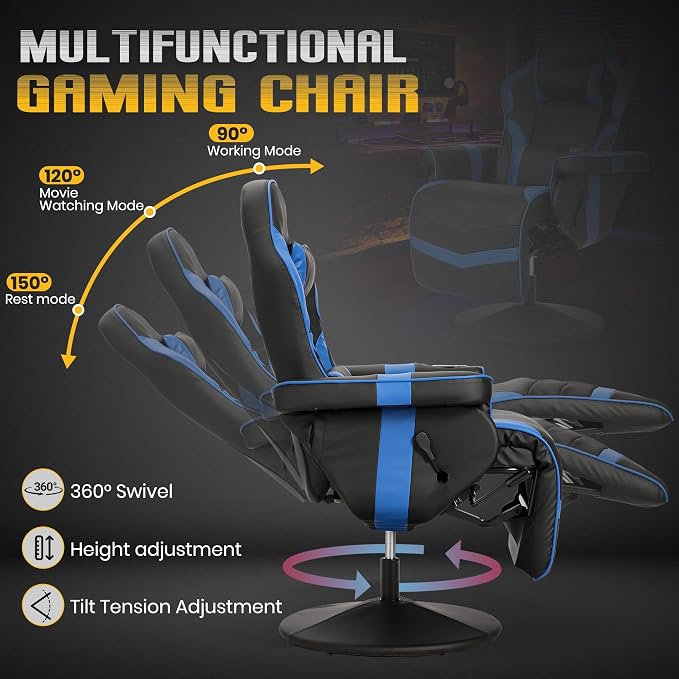 Massage Gaming Recliner Chair with Cup Holder & Side Pockets – Ergonomic PU Leather Video Gaming Chair with Footrest, Manual Recline, Headrest & Lumbar Support for Office or Game Room (Blue) - Image 3