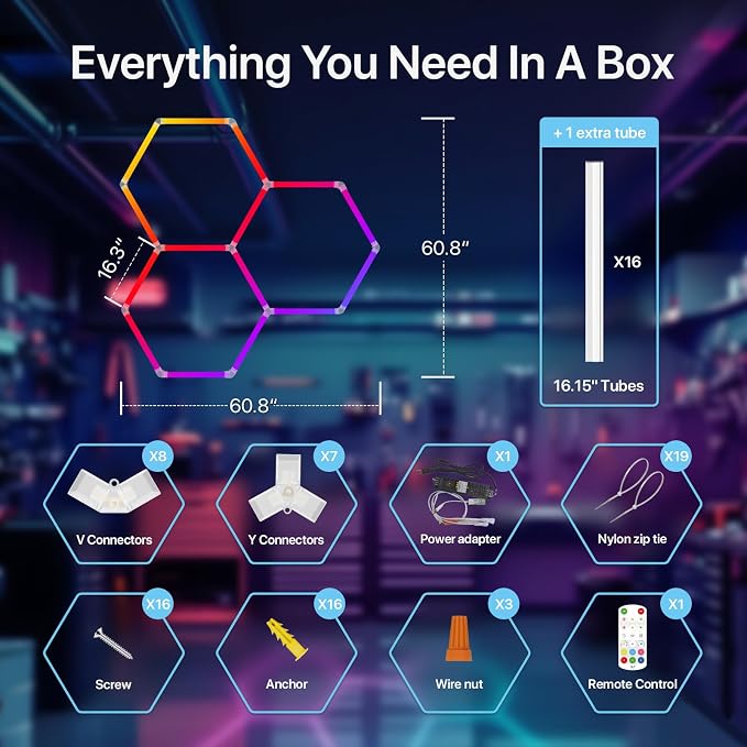 HYPERLITE Hexagon Garage Lights: Gen IV-3 Grid RGB Hexagon LED Lights with Music Sync Mode, App & Remote Control, Multi-Color Honeycomb Light for Gaming Room, Gym, Garage - Image 8