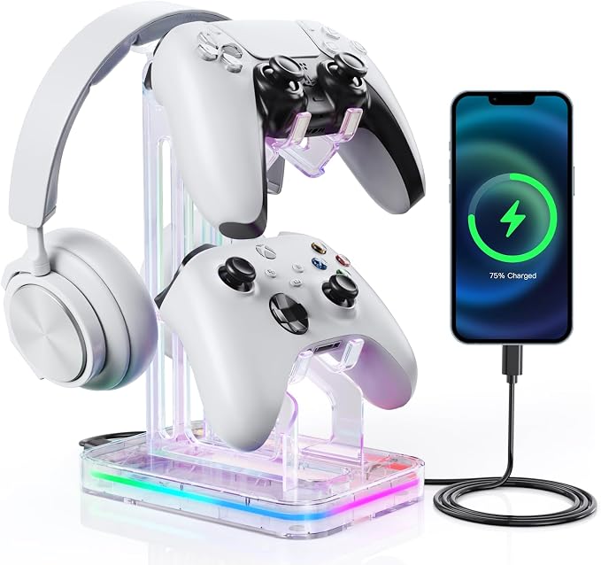 Luckit Gaming Headphones Stand, RGB Headset Stand with 2 USB Charging Ports, Dual Controller Holder with Light Modes, Earphone Hanger Accessories for Desktop Gamer - Image 8