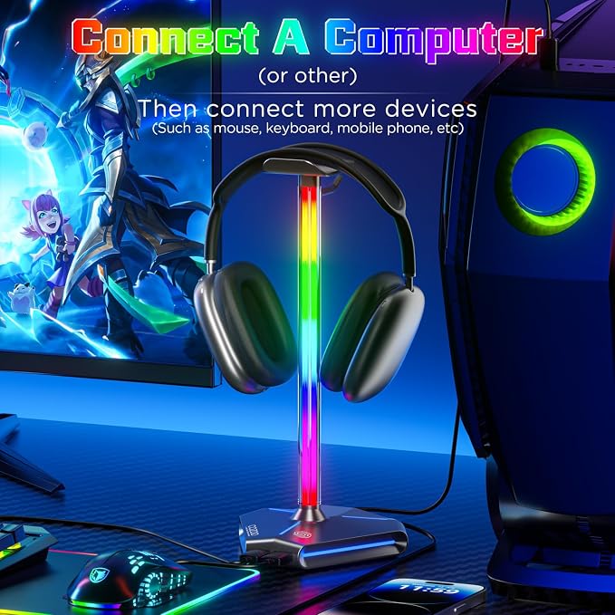 cozoo Desk headset stand Touch RGB Light Stand 4 Color Modes 2 USB Grey | Headphone Stand for Desk with 4 Fixed Colors & RGB Cycle Lighting,Built-in 2 USB2.0 Charging Ports, for Most Gaming Headsets - Image 4