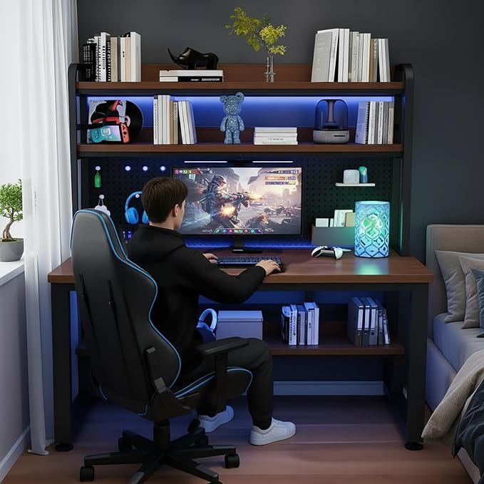 Gaming Desk with LED Lighting and Charging Station | 47 Inch Computer Desk With Hutch & Pegboard Organizer, USB-C Ports & Power Strip, Modern Workstation For Gamer Home Office - Image 7