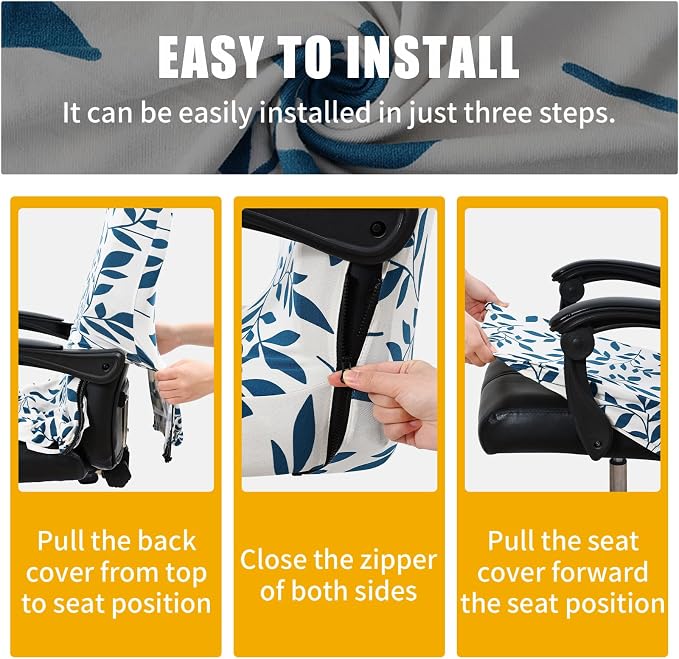Smiry Office Computer Chair Cover with Armrest Covers, Teal and White | Stretch Printed Universal Removable Washable Desk Rotating Chair Slipcovers, Soft Anti-Dust Spandex Protector with Zipper - Image 6