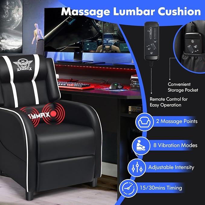 GYMAX Gaming Recliner, Massage Gaming Chair with Adjustable Backrest Footrest, Remote Control & Side Pocket, Ergonomic Game Lounge Chair, Racing Style Single Theater Seat Game Sofa for Adults (White) - Image 4