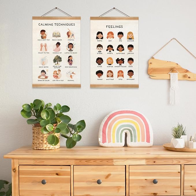 Feelings Chart & Emotional Learning Poster, Hanging Linen Canvas Wall Art with Solid Wood Frame, Montessori Social Skills Poster for Kids, Home & Classroom Decor – 2Piece Set 12x16 Inches (Feelings) - Image 7