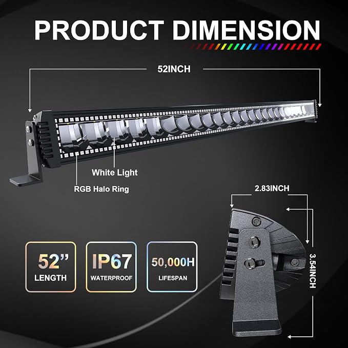 Lpteso RGBW LED Light Bar 52'' inch 300W Flood Spot Combo Beam 2PCS 4 Inch 18W Flood RGB LED Pods with 16 Solid Colors Chasing RGB Halo Ring Changing with Strobe Flashing with Rocker Switch Wiring - Image 2