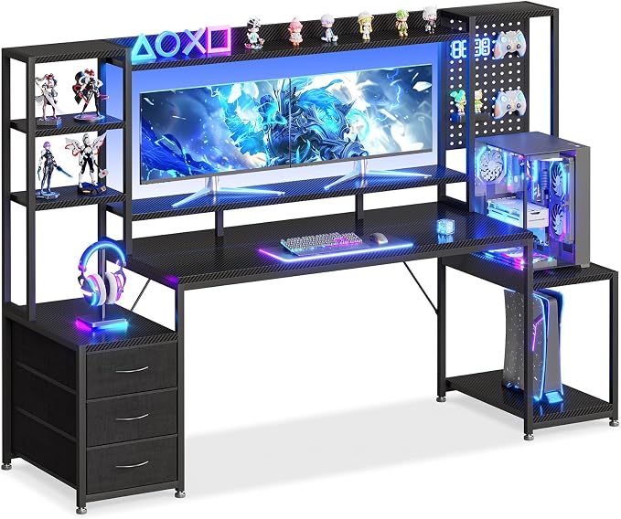 AODK 76 Inch Gaming Desk with Storage Shelves, LED Lights, 3 Drawers | PC Desk with Hutch & Pegboard & Large Desktop, Reversible Computer Desk for Home Office, Carbon Fiber Black by AODK