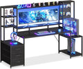 AODK 76 Inch Gaming Desk with Storage Shelves, LED Lights, 3 Drawers | PC Desk with Hutch & Pegboard & Large Desktop, Reversible Computer Desk for Home Office, Carbon Fiber Black by AODK