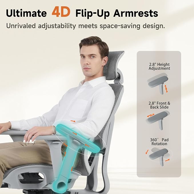 Korser Ergonomic Mesh Office Chair with Footrest, Big and Tall Desk Chair with 4D Flip-Up Arms, Auto-Tracking Lumbar Support, 3D Headrest, High Back Computer Gaming Chair for Home Office, Grey - Image 4