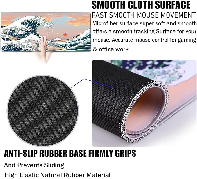 Japanese Large Mouse Pad Desk Mat Office Desk Pad, Sunset Sea | Extended Large Mouse Mat for PC, Stitched Edges Gamer Mousepad 35.4 X 15.7 Inch Long Mice Pad - Image 4