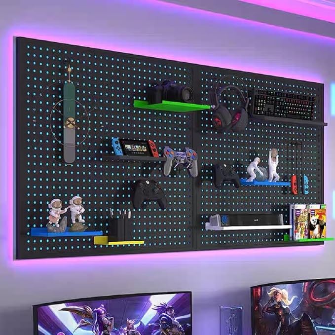 RGB Gaming Wall Organizer Peg Board with RGB LED Strip Lights, 2PCS Metal Gamer Wall Decor Peg Board with Hooks, DIY Gaming Setup Organizer PegBoard Gaming Wall Accessories 12 * 24” - Image 2