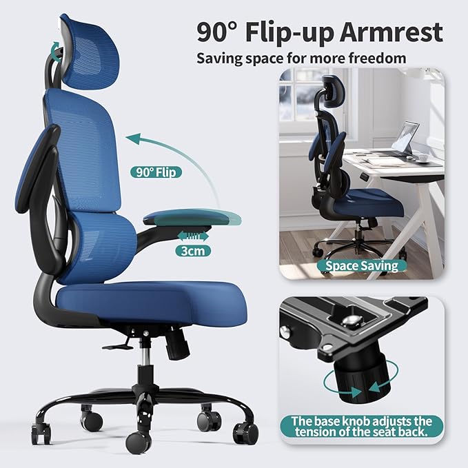 TRALT Office Chair Ergonomic Desk Chair - Gaming Chair with Lumbar Support | 330 LBS Home Office Desk Chairs with Headrest, Reading Chair with Flip-up Armrests, Comfortable Computer Chairs (1, Blue) - Image 6