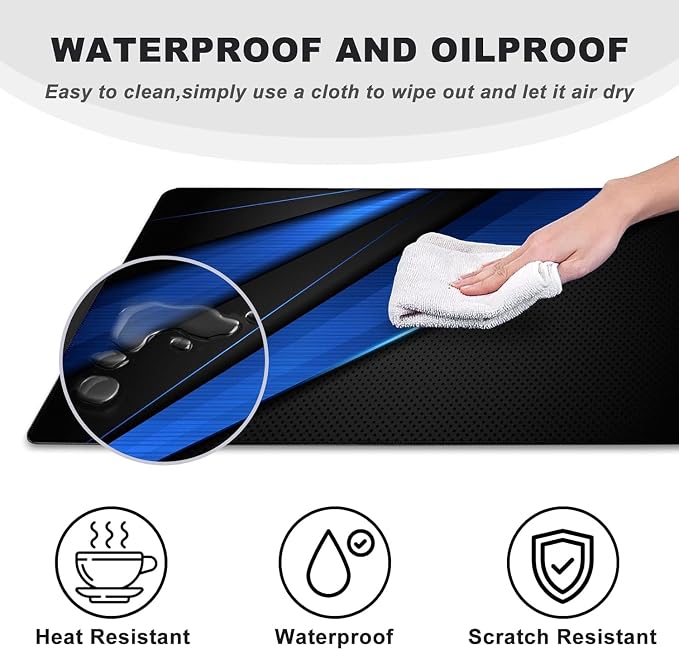 Desk Pad Large Gaming Mouse Pad Extended Keyboard Mouse Mat,Black Blue | 35.4 X 15.7 Inch Desk Pad Non-Slip Rubber Base Stitched Edge Computers Laptop Desk Home Office Accessories - Image 4