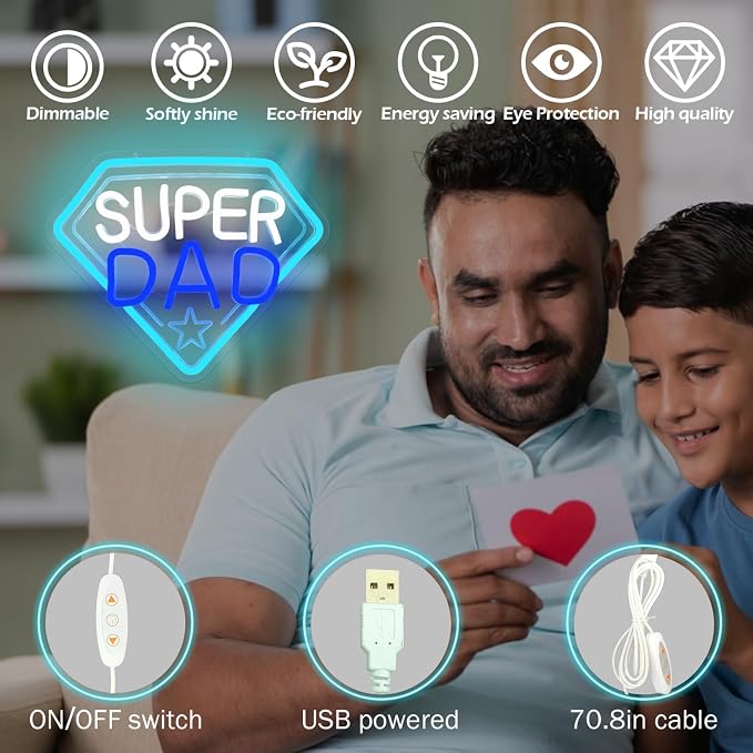 Fathers Day Neon Sign Super Dad Led Sign Dimmable Father‘s Day Decorations New Dad Neon Lights Super Dad Decorations for Father Dad Birthday Gifts - Image 3