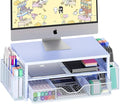 OPNICE Desk Organizers and Accessories, Computer Monitor Stand Riser with Drawer and 2 Pen Holders, Printer & Laptop Stand, Office Desk Accessories & Workspace Organizers for Home Office Supplies, Blue by OPNICE