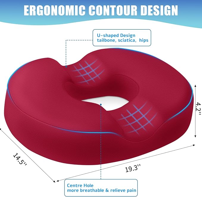 BlissTrends Donut Pillow Seat Cushion, Memory Foam Lifting Cushions | Donut Chair Cushions for Postpartum Pregnancy&Hemorrhoids,Tailbone Pain Relief Cushion for Office&Home Chairs(XX-Large, Red) - Image 2