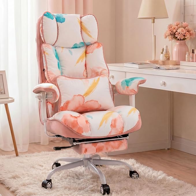 Efomao Watercolor Fabric Executive Office Chair Home Foot Rest, Pink | Soft Breathable Computer Desk Seat, Plush Comfy Cushion, Aesthetic Pastel Floral Patterns for Studio Vanity Cozy Setup by OFFICECHAIR