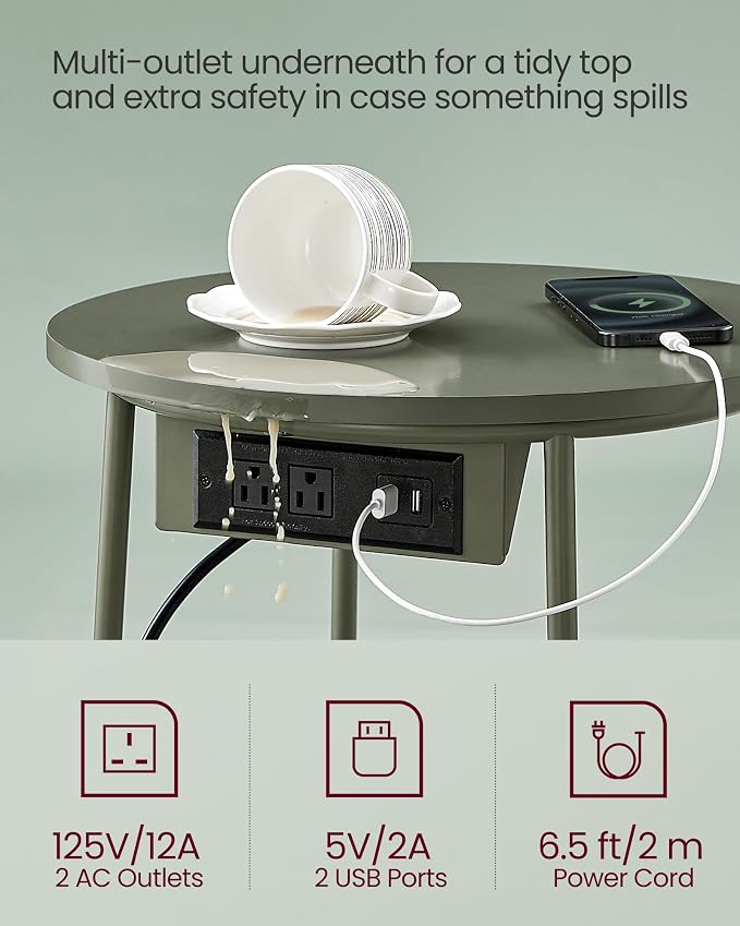 VASAGLE Side Table with Charging Station,Fabric Basket, Round End Table - Image 6