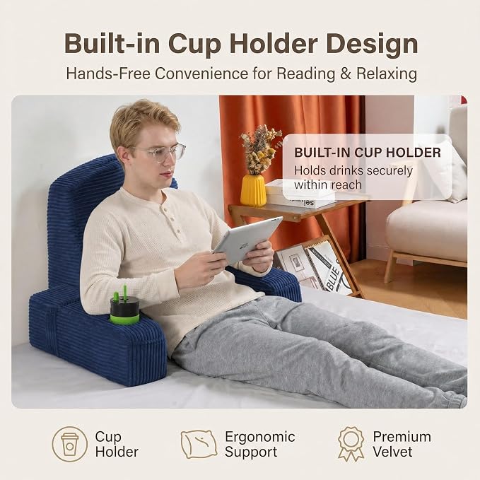 Reading Pillow for Adults, Back Pillow for Bed Sitting Up, Backrest Pillow for Sitting in Bed, Detachable Arms with Built-in Cup & Phone Caddy (Dark Navy-Corduroy, 21 INCH) - Image 3