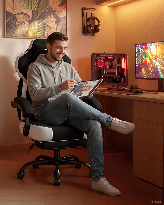 GTPLAYER Gaming Chair for Adults, Ergonomic High Back Chair with Footrest | Big & Tall Computer Video Gaming Chair, Comfort Wide Seat with Lumbar Support for Big/Tall, Office/Home, Linen, Black & Gray - Image 3