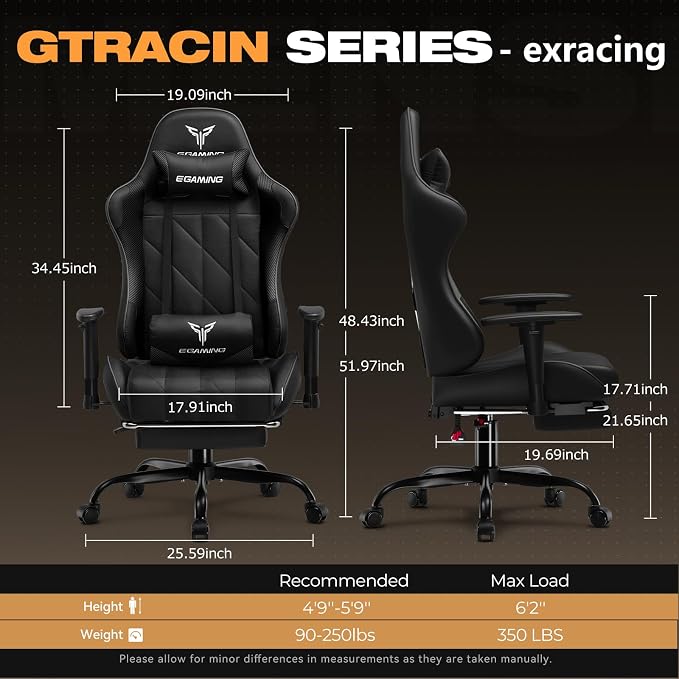 Gaming Chair with Footrest, Ergonomic High-Back PU Leather Computer Chair with 3D Adjustable Armrests, Headrest and Lumbar Support, Office Desk Chair with Diamond Stitching for Adults & Teen - Image 2