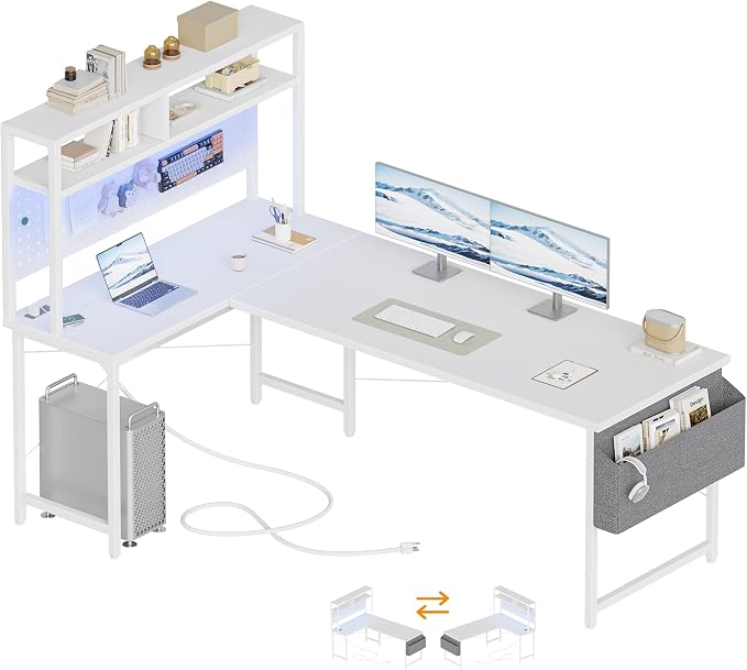 Mericonia 59 inch L Shaped Desk with Pegboard, Large Corner Gaming Desk | Reversible Computer Desk with Hutch, Power Outlets, LED Light & Storage Bag, Office Table for Home Bedroom Study Work Writing by MERICONIA