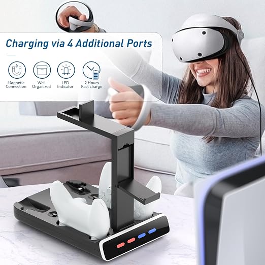 3-in-1 Controller Charging Dock for PSVR2 and PS5, VR Stand Display with LED Light, PS5 VR2 Storage Base Gaming Accessories, 4 Magnetic Clasp & Type-C Cable - Image 6