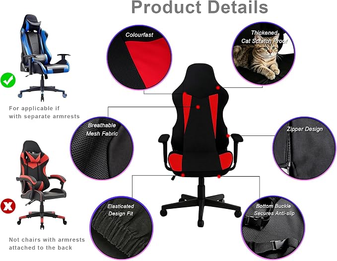 Gaming Chair Covers Only,Stretchable Fit Thick Breathable Mesh | Cat Scratch Proof,Scratch Resistant,Soft,Gaming Chair Seat Cover with 2Pcs Armrest Slipcovers(Black-red,Style 2) - Image 6