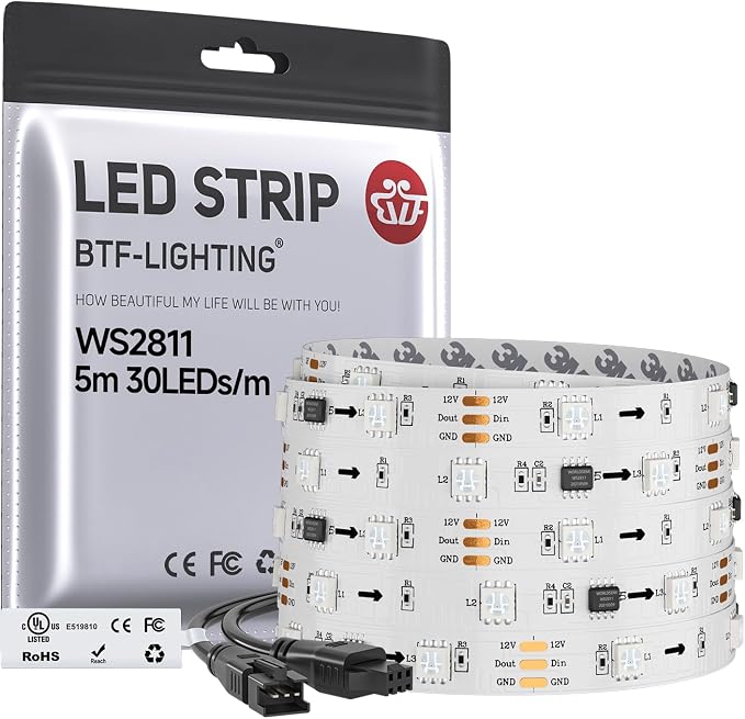 BTF-LIGHTING WS2811 Addressable RGB LED Strip 16.4FT 150LED DC12V IP30 by BTF-LIGHTING