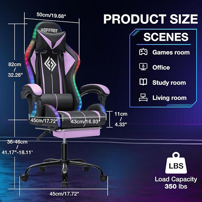 RGB Gaming Chair with LED Lights Massage Ergonomic Computer Chairs-Purple | High Back Video Game Chair with Footrest & Adjustable Lumbar Support Gamer Chairs for Adults Racing Style Recline - Image 2