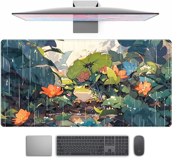 Anime Frog Mouse Pad Desk Mat Cure Frogs On Rainy Days Green Desk Decor Mat, Large Gaming Mouse Pad for Desk Computer Keyboard Laptop, Desk Decor Home Office Accessories for Girl with Stitched Eges by TENG+DA+QING