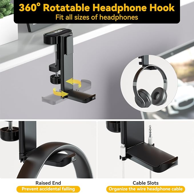 KDD 4 in 1 Desk Cup Holder - Clamp on Under Desk Headphone Hanger - Rotating Headphone Holder Detachable Pen Cup Holder Desktop Storage for Cup, Phone and Pen(Black) - Image 3