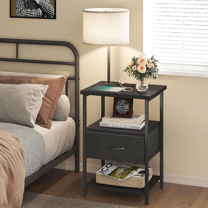 Fixwal Nightstand with LED Lights Bedside Table with 3 Color Temperatures Bulb, NightStand with Charging Station End Table with Adjustable Fabric Drawer for Bedroom Dorm, Black - Image 2