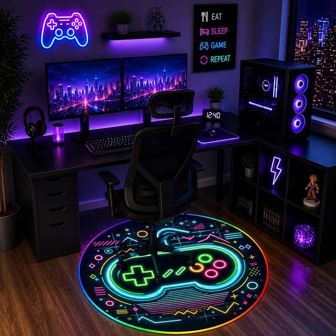 Gaming Chair Mat for Hardwood Floor Circle RGB Gaming Lights (Retro Controller 47”) - Noise Cancelling, Anti-Slip Gamer Floor Mat – Scratch Resistant Computer Gaming Mat for Chair - Image 6