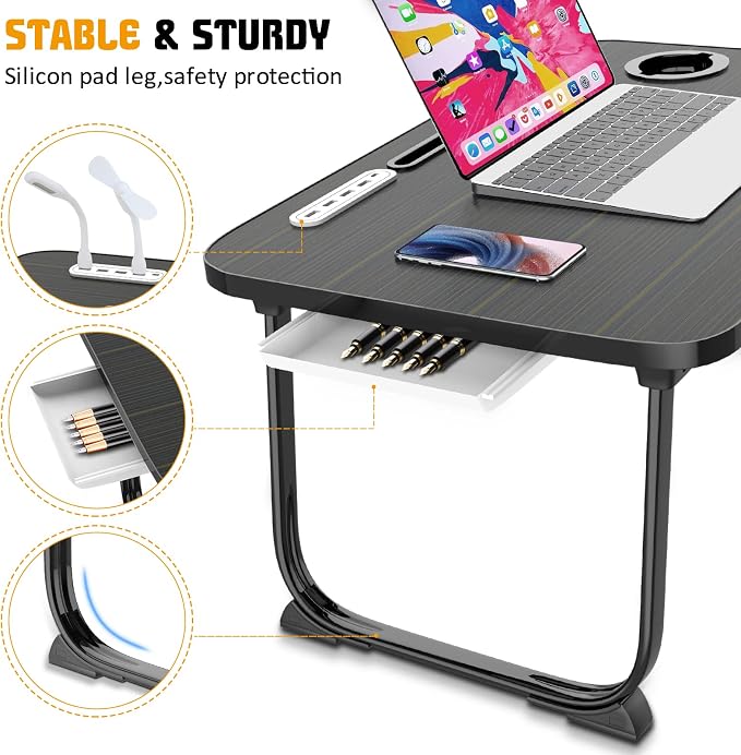 Fayquaze Laptop Bed Desk, Portable Foldable Laptop Bed Table with USB Charge Port Storage Drawer and Cup Holder, Lap Desk Notebook Stand Tray Table Serving Tray for Eating, Reading and Working - Image 3