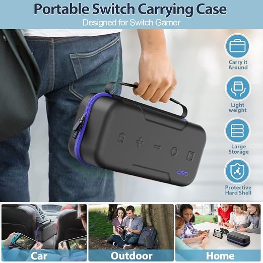 Switch Carrying Case Compatible with Nintendo & OLED, Portable Switch Travel Carry Case Fit for Joy-Con and Adapter, Hard Shell Protective OLED Pouch Bag with 20 Games, Blue - Image 7