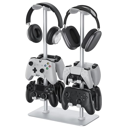 MANMUVIMO Headset Controller Stand for 2 Headset and 8 Controller, Headphone Stand Gaming Controller Holder for PS5 Xbox Airpods Beats Bose, Gaming Room Accessories, Gamer Gifts for Men (White) by MANMUVIMO