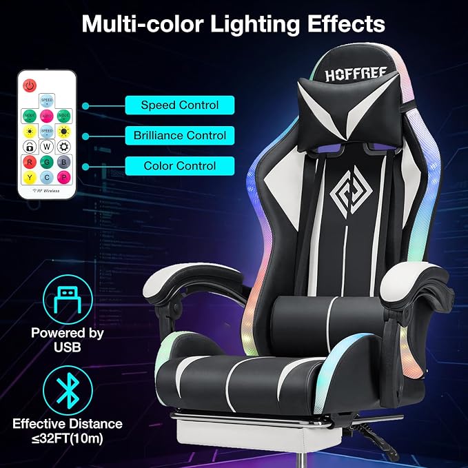 RGB Gaming Chair with LED Lights Massage Ergonomic Computer Chair-White | High Back Video Game Chair with Footrest & Adjustable Lumbar Support Gamer Chairs for Adults Racing Style Recline - Image 5